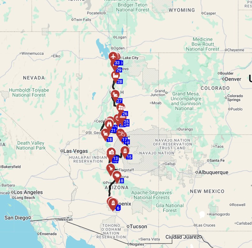 Map for השכרת קמפרוואן ותכנון טיול בארהב פיניקס ויוטה